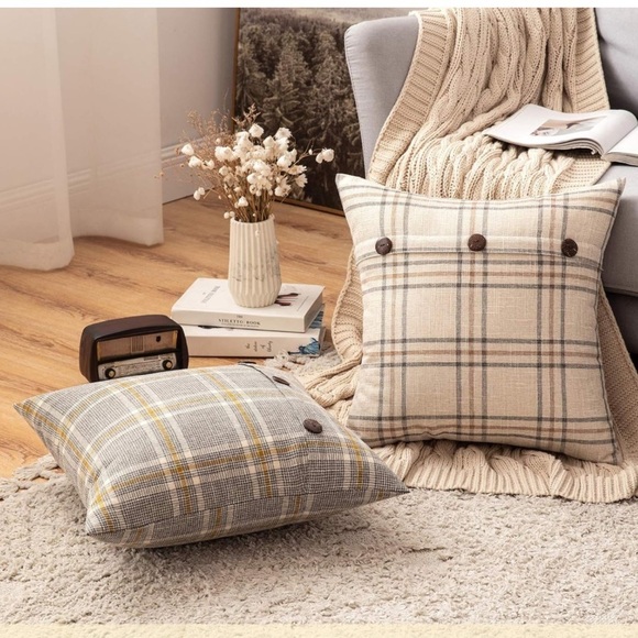 Farmhouse Plaid Linen Grey Tan Cream Striped Button Throw Pillow Decor Cover - Picture 2 of 6